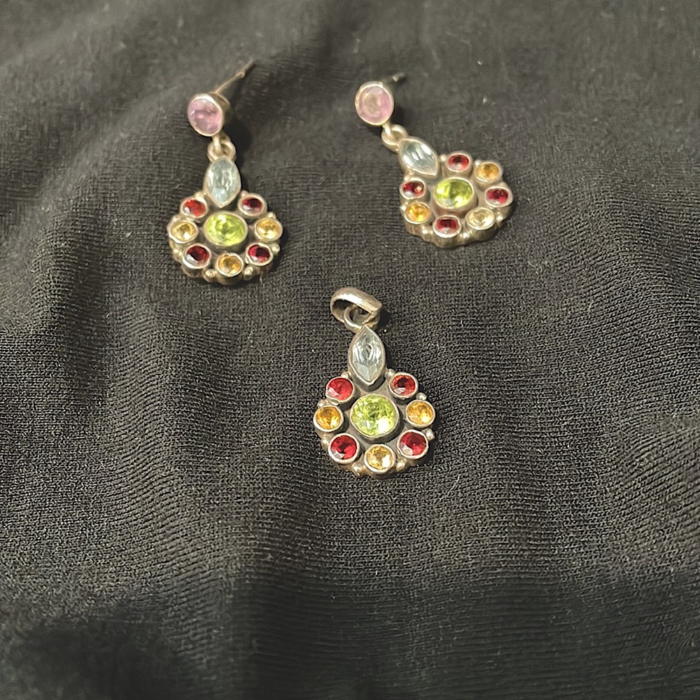 Vintage earrings & charm 925 sterling silver multi-colored gemstones.